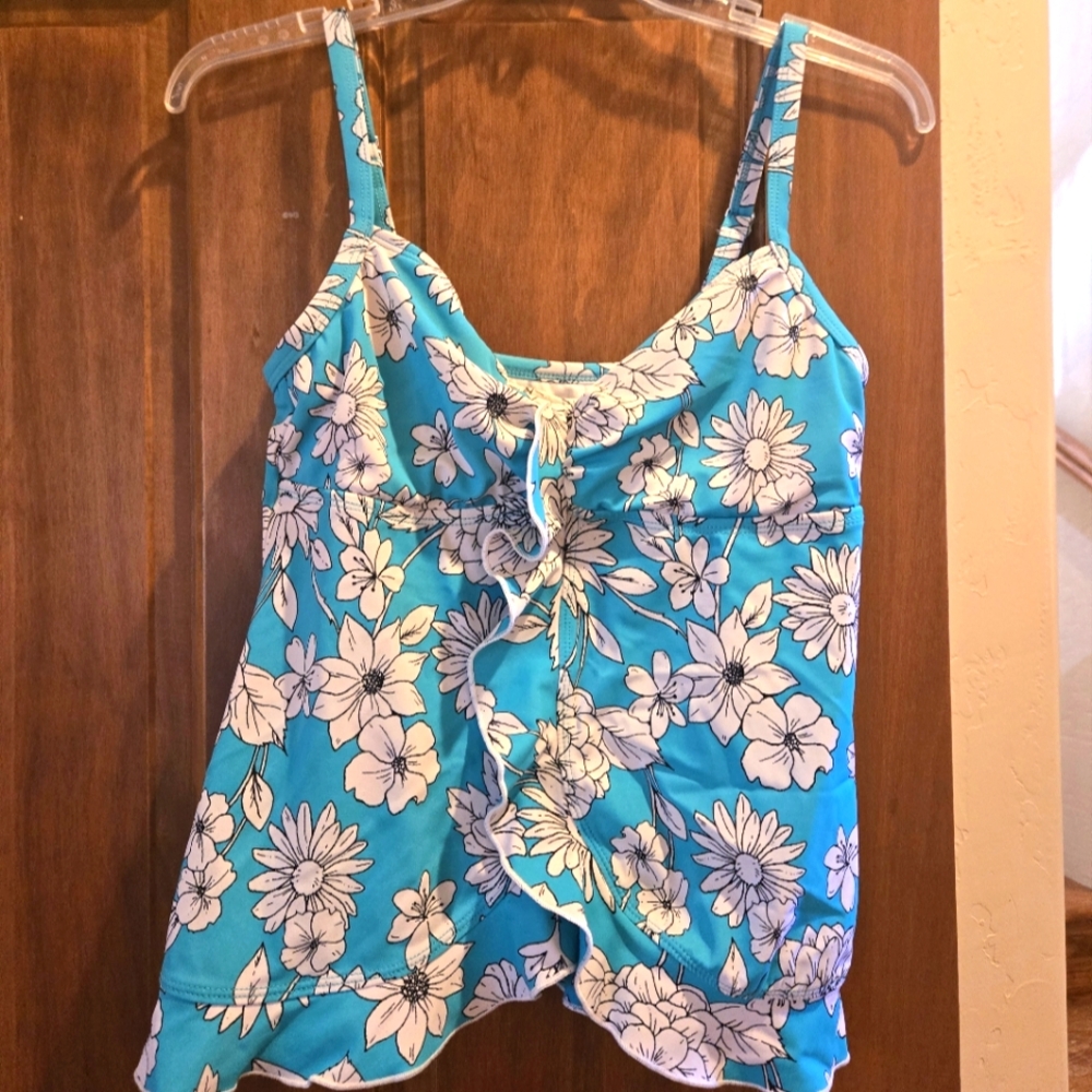 Floral Blue and White Tank Bathing Suit Top